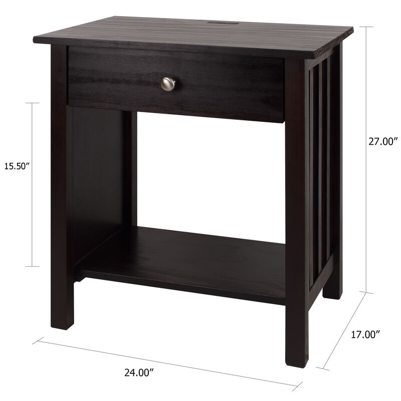 Casual Home Vanderbilt Nightstand with USB Ports-Espresso , 17 in x 24 in x 27 in