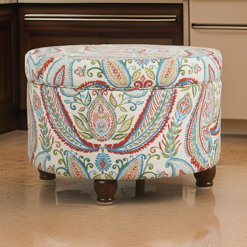 Paisley Pattern Fabric Upholstered Wooden Ottoman with Hidden Storage, Multicolor - Benzara