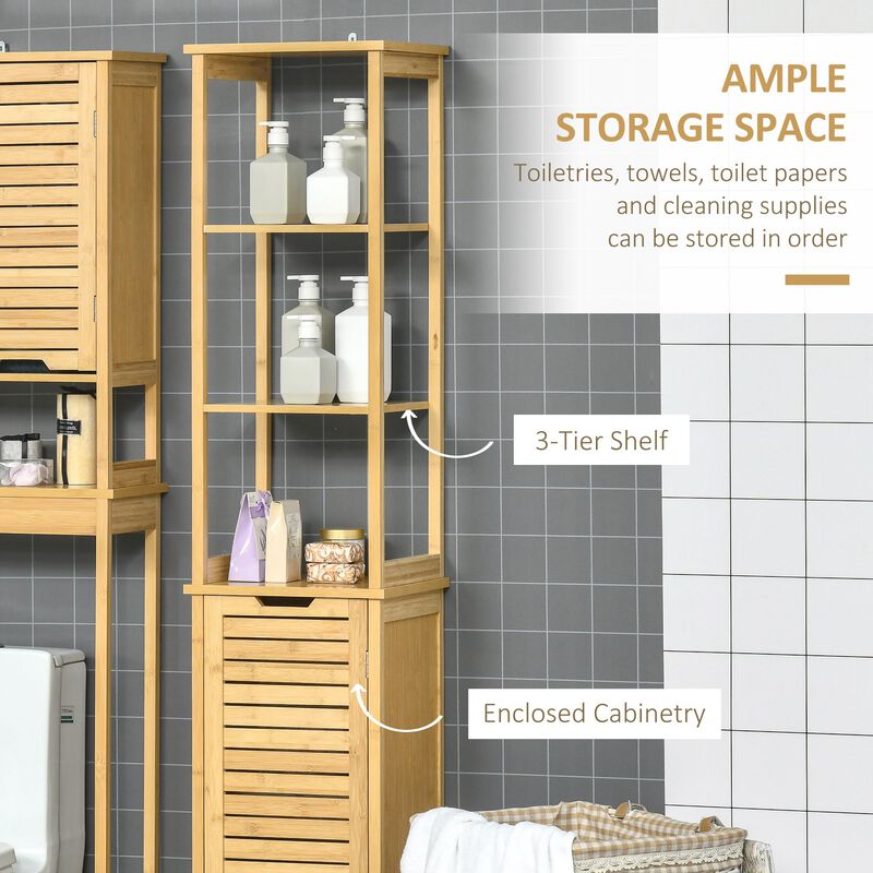 Natural Bathroom Tower: Slim Floor Cabinet with 3 Shelves