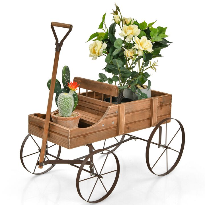 Wooden Wagon Plant Bed With Wheel for Garden Yard