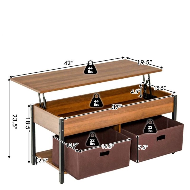 Hivvago FarmHouse Brown Lift-Top Multi Purpose Coffee Table with 2 Storage Drawers Bins