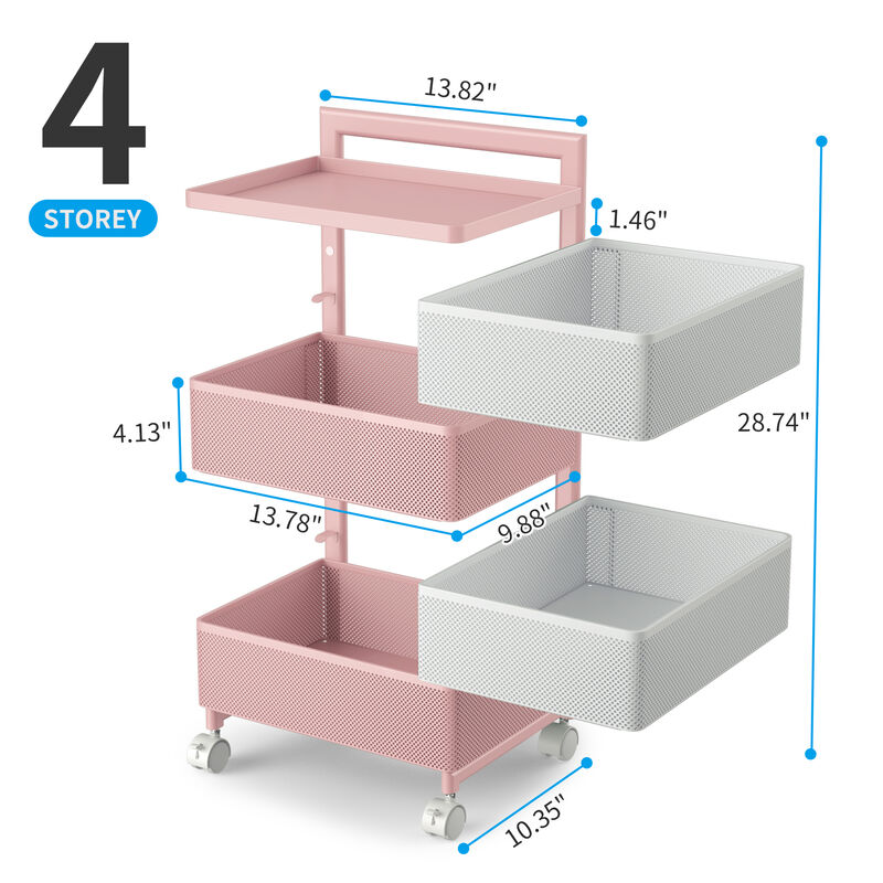 Mega Casa Rotating Kitchen Storage Rack with Handle, Fruit Vegetable Storage Shelf, Rolling Storage Cart, Multifunctional Household Shelf for Bedroom, Bathroom, Living Room(4-Tier Square)