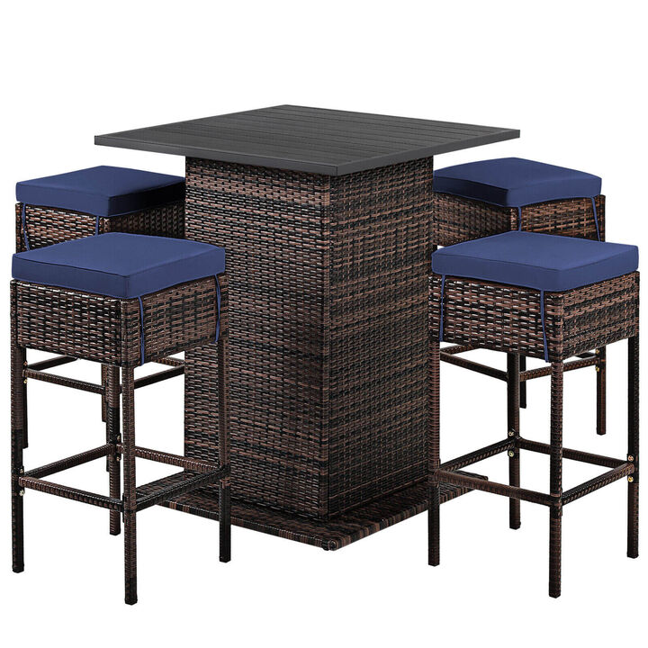 5 Pieces Patio Rattan Bar Table Stool Set Hidden Storage Shelf Cushioned