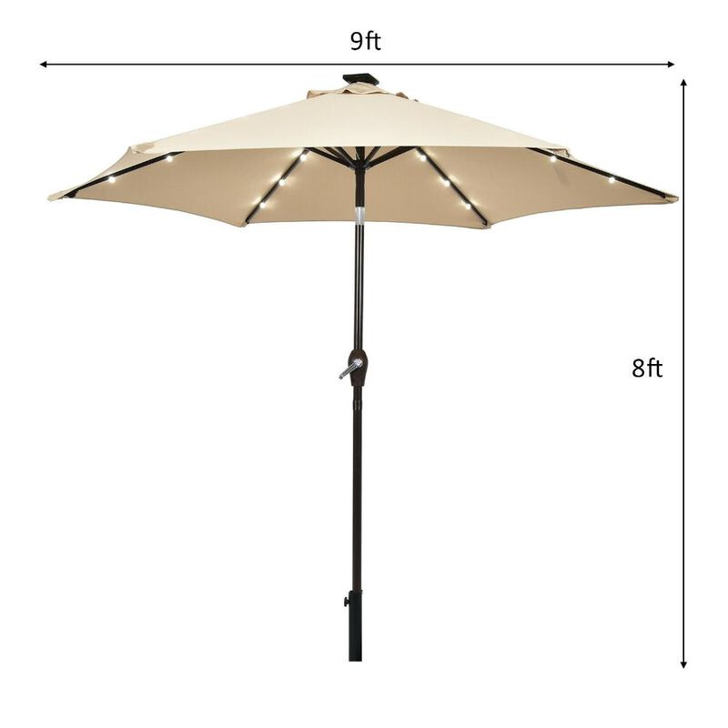 9 Feet Solar LED Lighted Patio Market Umbrella Tilt Adjustment Crank Lift