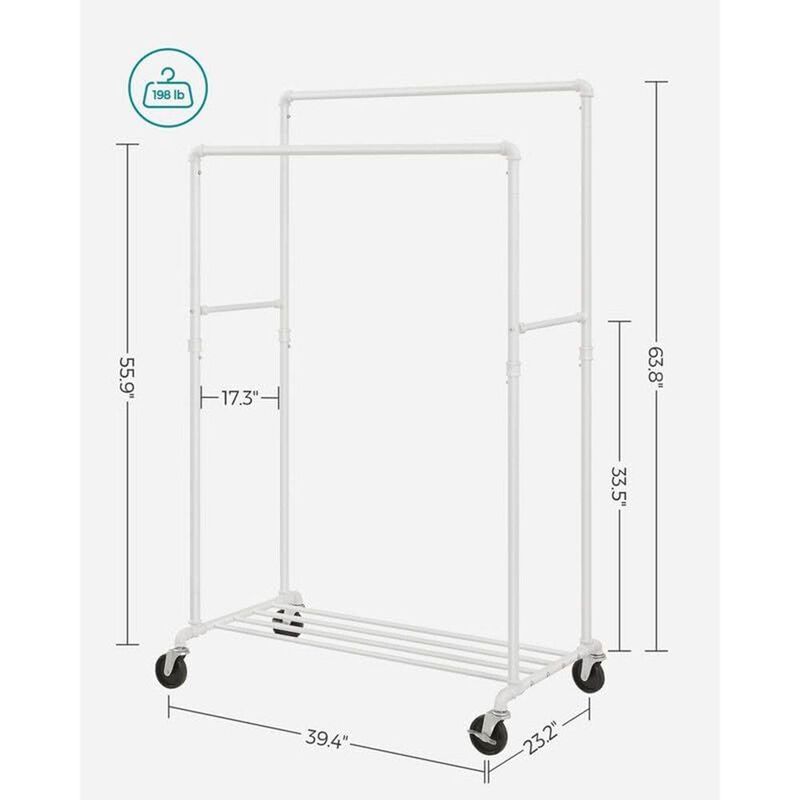 Hivvago Heavy Duty White Pipe Double Rod Garment Clothes Rack with Locking Wheels