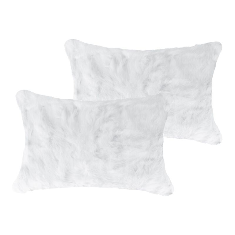 Homezia Set Of Two 12" X 20" White Rabbit Natural Fur Throw Pillows