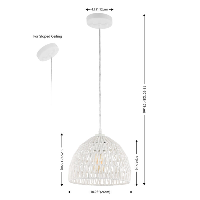 Campana 10.25" 1-Light Bohemian Modern Woven Rope/Iron LED Pendant, White