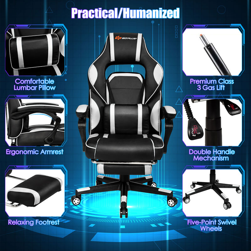 Goplus Massage Gaming Chair Reclining Racing Computer Office Chair with Footrest White