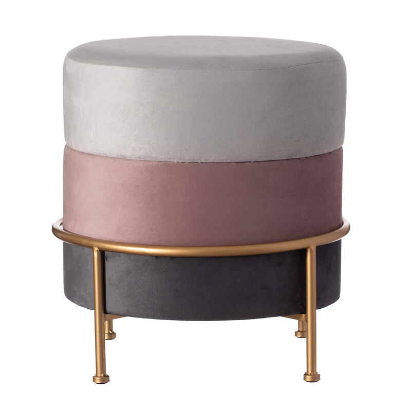 Round Velvet Ottoman Stool 16" Tall Tricolor with Gold Metal Stand