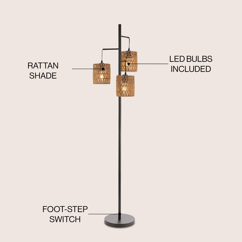 Isla 70.75" 3-Light Mid-Century Bohemian Metal/Rope LED Floor Lamp, Black/Natural