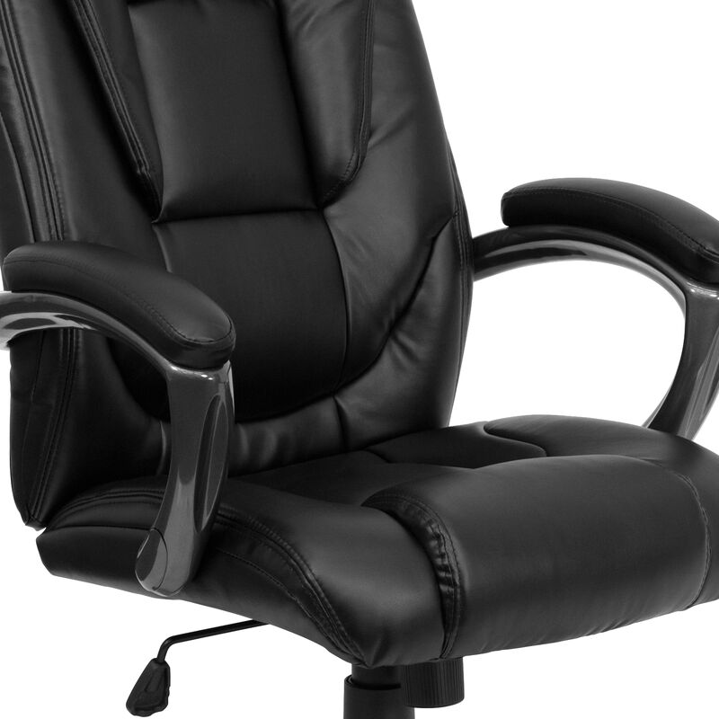 Oma High Back Black LeatherSoft Layered Upholstered Executive Swivel Ergonomic Office Chair with Smoke Metal Base and Arms