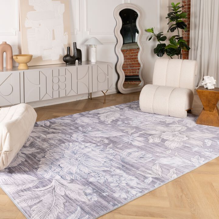 Blossom Modern Floral Beige Grey Indoor Soft Area Rug