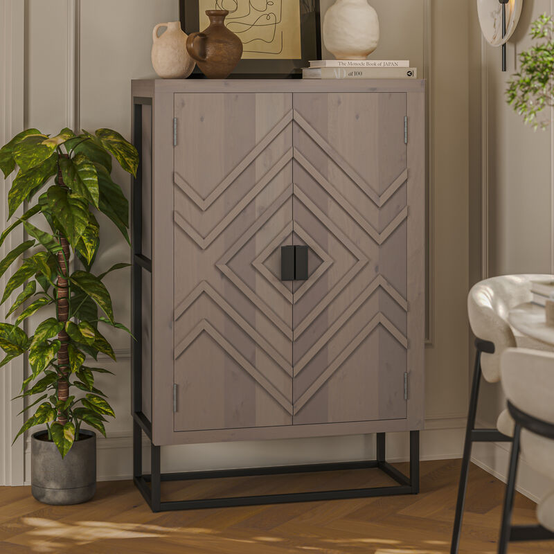 52 Inch Wine Bar Cabinet with Built in Stemware Rack, Bottle Holder in Gray Acacia Wood, Black Iron Metal