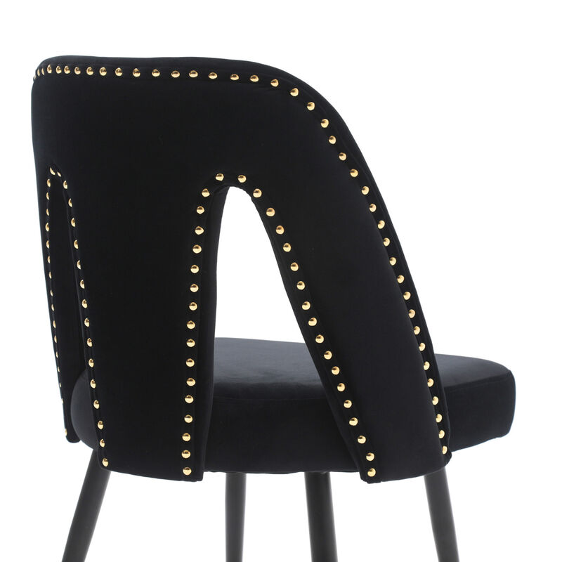 Modern Contemporary Velvet Upholstered Dining Chair with Nailheads and Gold Tipped Black Metal Legs, Black, Set of 2