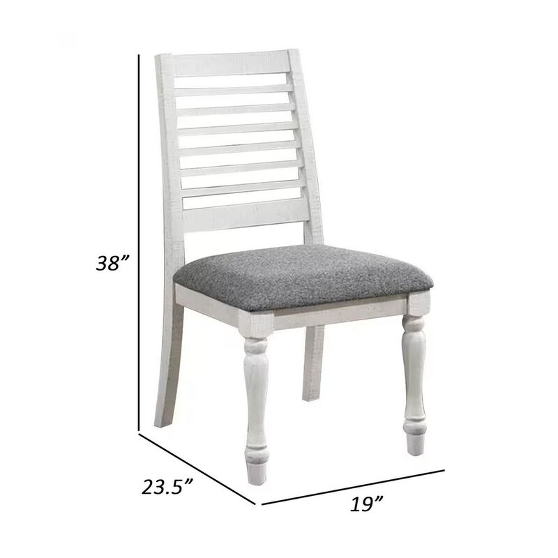 Wren 24 Inch Dining Chair Set of 2, Gray Fabric Cushion, Antique White Wood - Benzara