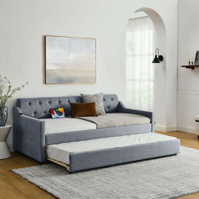 Twin Size Upholstery Day Bed with Twin Size Erectable Trundle and USB Charging Design, Linen Grey