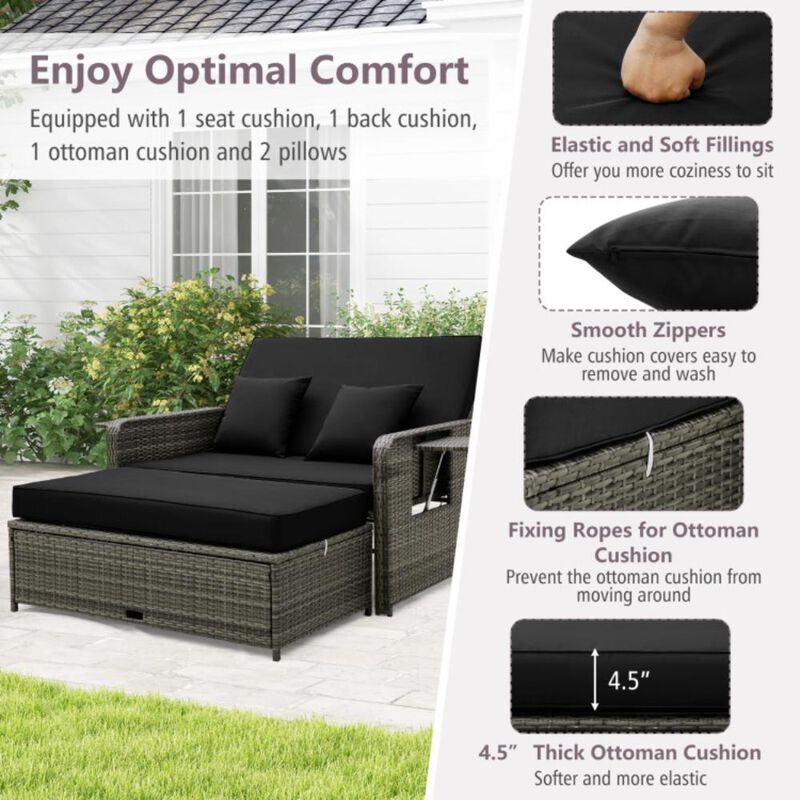 Hivvago Patio Wicker Loveseat Sofa with Multipurpose Ottoman and Retractable Side Tray