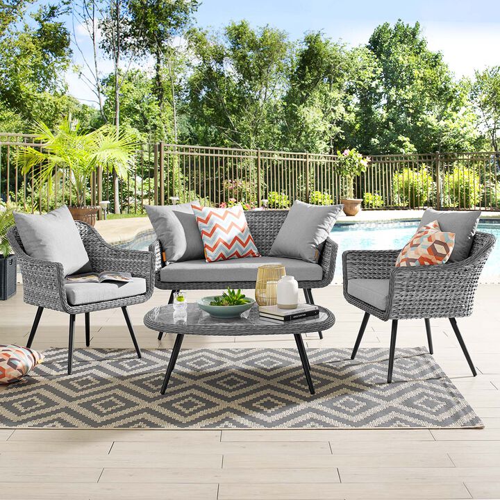 Modway - Endeavor 4 Piece Outdoor Patio Wicker Rattan Loveseat Armchair and Coffee Table Set Gray