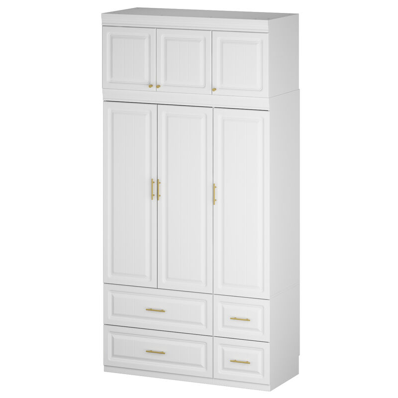 White Wood 35.5 in. W Armoires Wardrobe With Mirror, Pulling Hanging Rod, Drawers, Shelves 15.8 in. D x 70.8 in. H