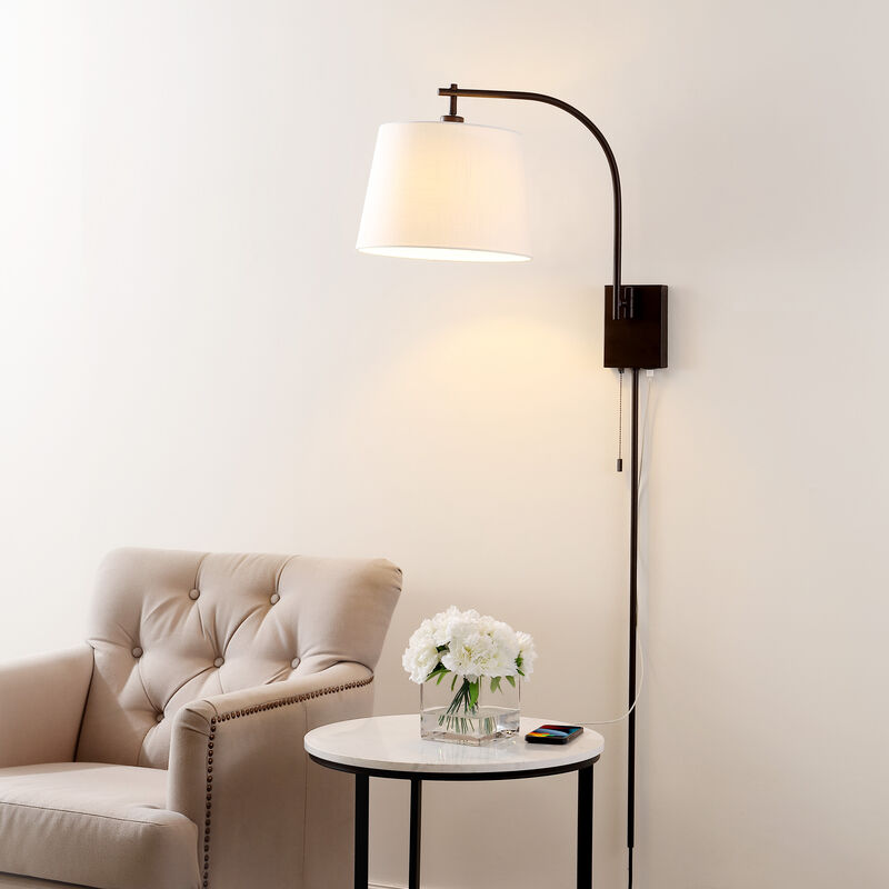 Gosling Mid-Century Modern Plug-In or Hardwired Iron LED Gooseneck Swing Arm Wall Sconce with Pull-Chain and USB Charging Port