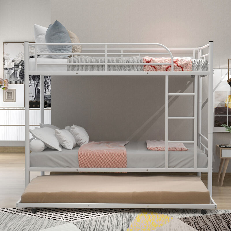 Twin-Over-Twin Metal Bunk Bed With Trundle, Can Be Divided Into Two Beds, No Box Spring Needed