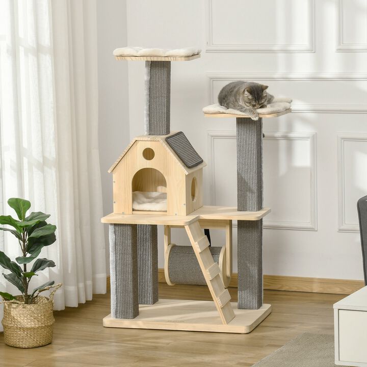 49" Cat Tree, Kitty Activity Center, Wooden Cat Climbing Toy with Condo, Roller, Ladder, Cushions, and Sisal Scratching Post Pad, Natural