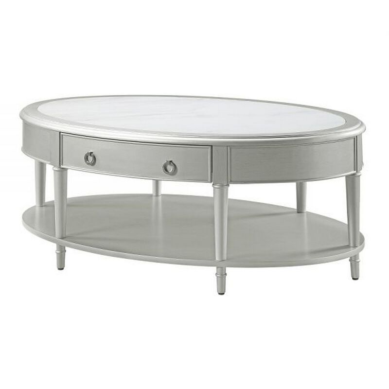 Kyna 50 Inch Coffee Table, Sintered Top, 1 Drawer, Classic Oval, Silver - Benzara