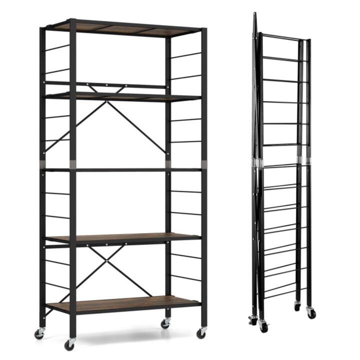 Hivvago 5-Tier Foldable Shelving Unit with Detachable Wheels and Anti-Toppling System