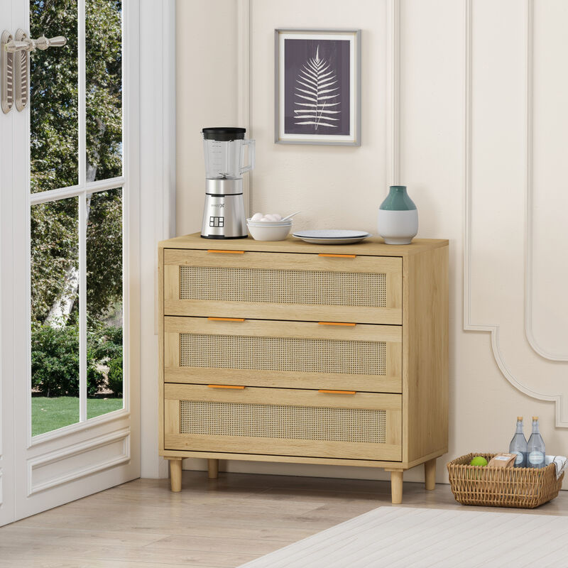 31.5"Oak 3-Drawer Rattan Storage Cabinet for Any Room