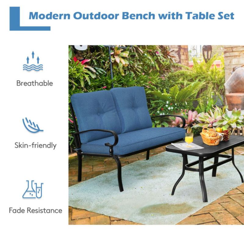 2 Pieces Patio Loveseat Bench Table Furniture Set with Cushioned Chair