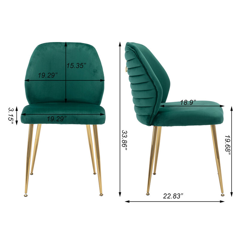 Modern Dining Chair Set of 2, Woven Velvet Upholstered Side Chairs with Barrel Backrest and Gold Metal Legs, Accent Chairs for Living Room Bedroom, Green