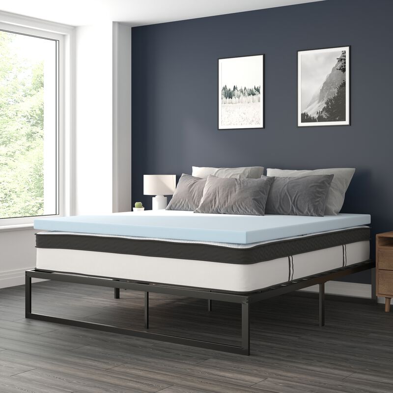 Leo 14 Inch Metal Platform Bed Frame with 12 Inch Pocket Spring Mattress in a Box and 3 inch Cool Gel Memory Foam Topper - King