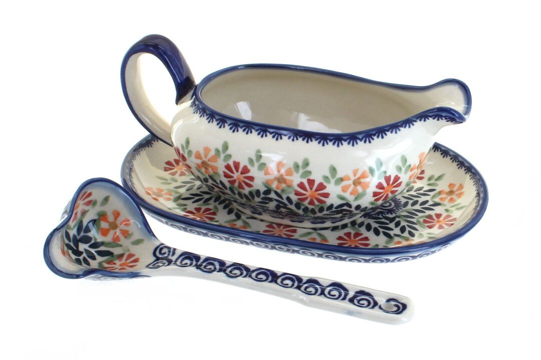 Blue Rose Polish Pottery Sage Floral Gravy Boat & Ladle