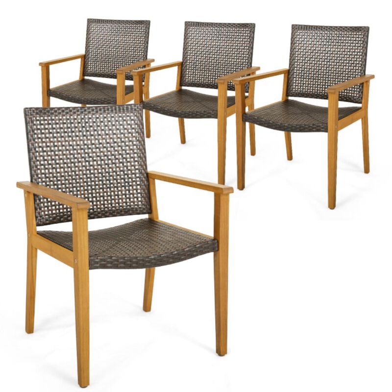 Hivvago Set of 4 Outdoor Rattan Chair with Sturdy Acacia Wood Frame-Set of 4