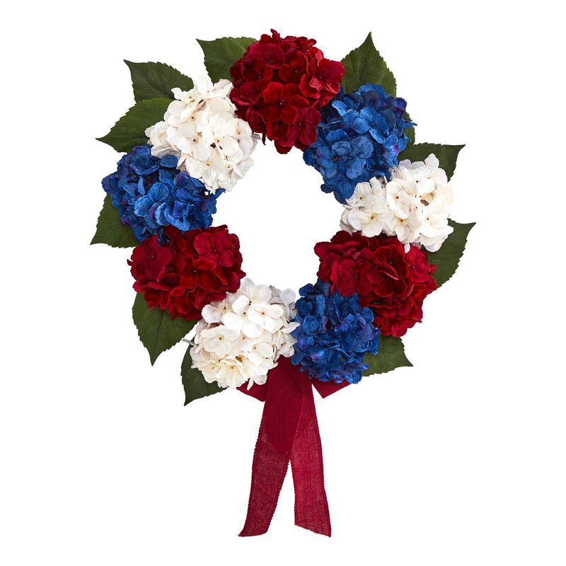 Nearly Natural 24-in Red, White and Blue “Americana-in Hydrangea  Wreath