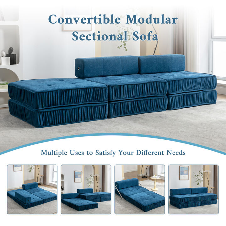 Modern Convertible Modular Sectional Sofa, Minimalist Chenille Sofas Couches, Accent Armless Chair with Removable Back Cushion for Living Room, Bedroom Office, Apartment, Small Space, Blue, 1 Seat
