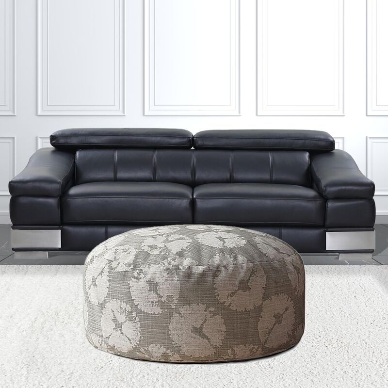 Homezia 24" Grey Canvas Round Floral Pouf Ottoman