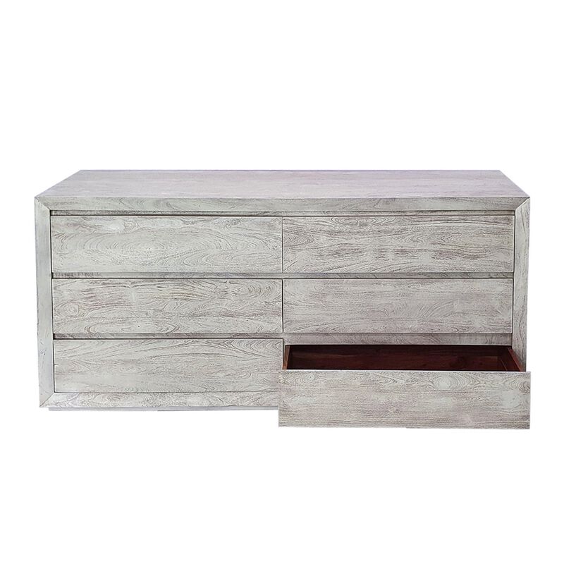 Benjara ROMO 71 Inch Wide Dresser, 6 Drawers, Natural Cream Finish, Acacia Wood and MDF