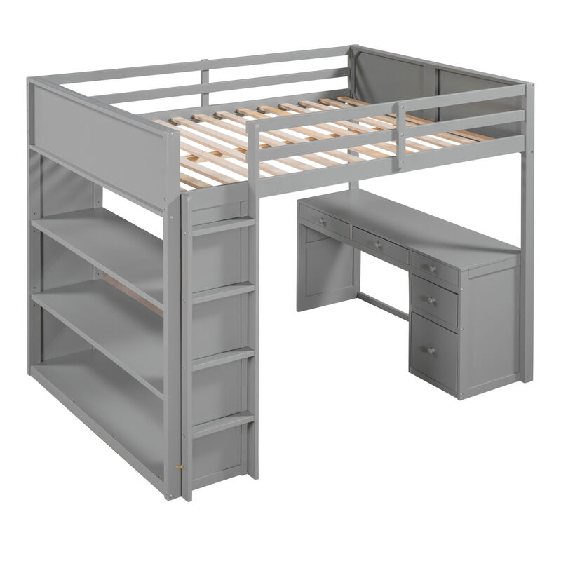 Full Size Loft Bed with Ladder, Shelves, and Desk, Gray