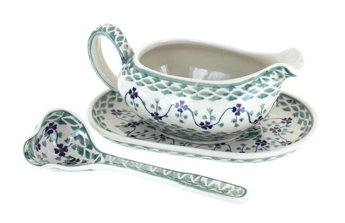 Blue Rose Polish Pottery Sage Floral Gravy Boat & Ladle