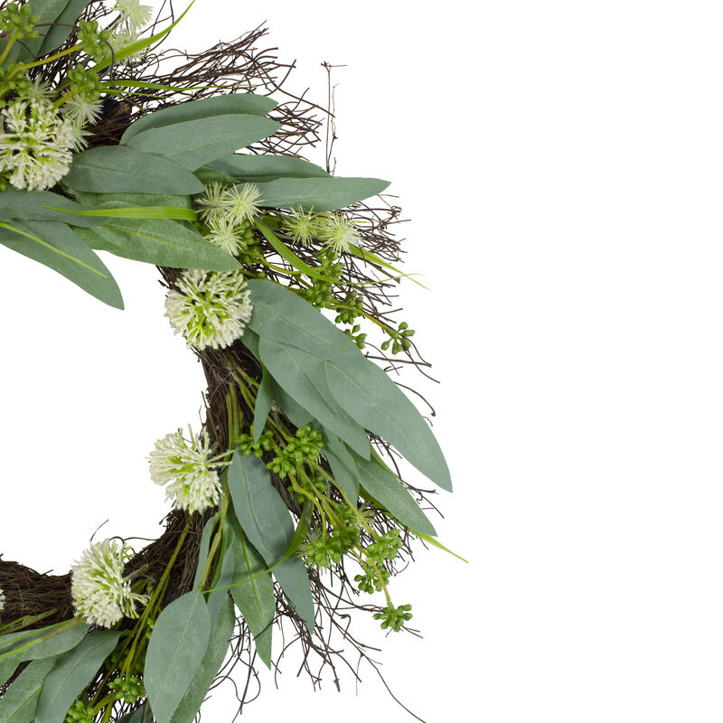 Olive Leaf and Floral Twig Spring Wreath  Green and White 23"