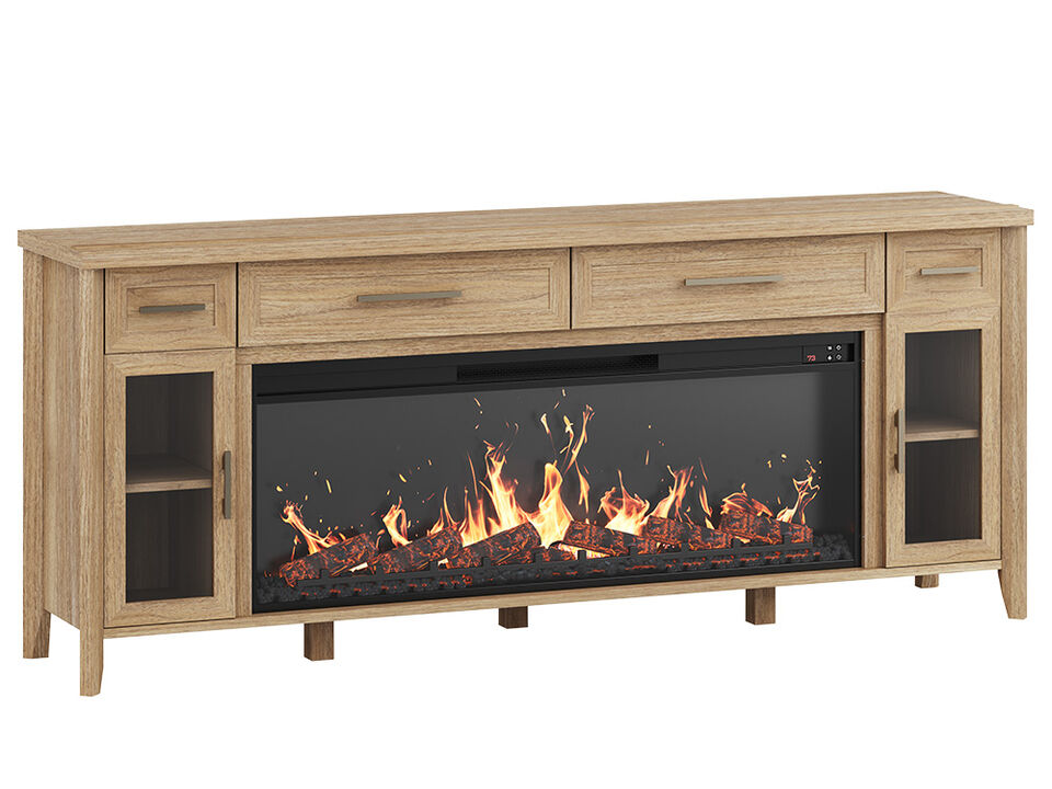 BELLEZE 74 Inch Rustic TV Stand with 48" Electric Fireplace, Extra Large Entertainment Center With?Storage?Cabinets?& 4 Drawers, Media?Console?Table For Living Room Bedroom (Camel)