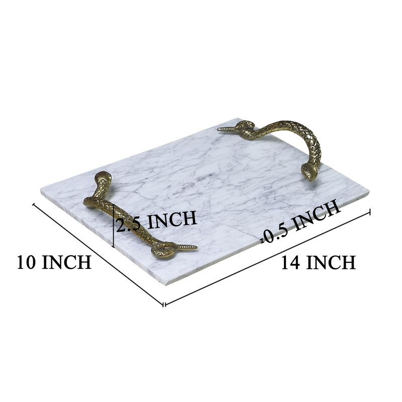 14 Inch Decorative Serving Tray, White Marble Stone with Brass Finished Snake Handles - Benzara