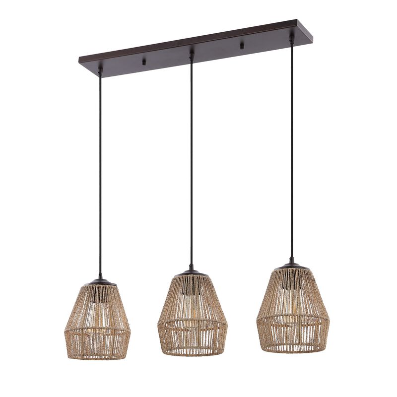 Ibiza Island 30" 3-Light Woven Rope/Metal Bohemian Coastal LED Linear Pendant, Oil Rubbed Bronze/Natural