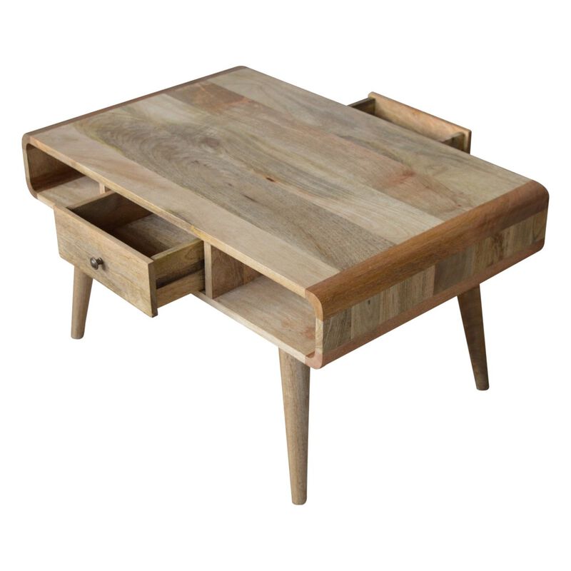 Curved  Solid Wood 2 Drawer Oak-ish Coffee Table