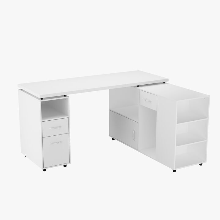 59 in. L-Shaped White Wood Home Office Writing Desk With Reversible Hutch Cabinet, Workstation With Drawers and Shelves