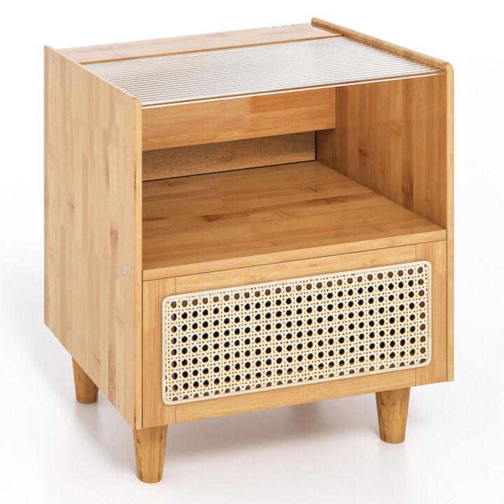 Hivvago Bamboo Rattan Nightstand with Drawer and Solid Wood Legs
