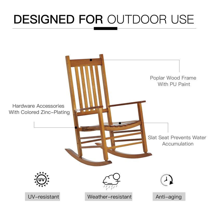 Natural Wooden Rustic High Back All Weather Rocker: Outdoor Rocking Chair Slatted for Indoor, Backyard & Patio