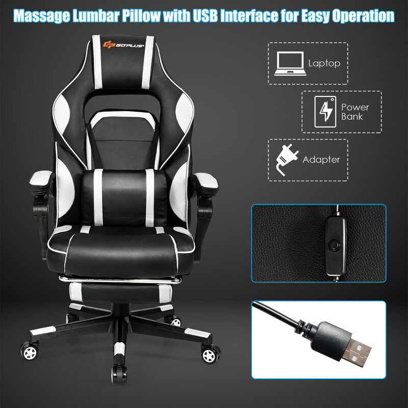 Goplus Massage Gaming Chair Reclining Racing Computer Office Chair with Footrest White