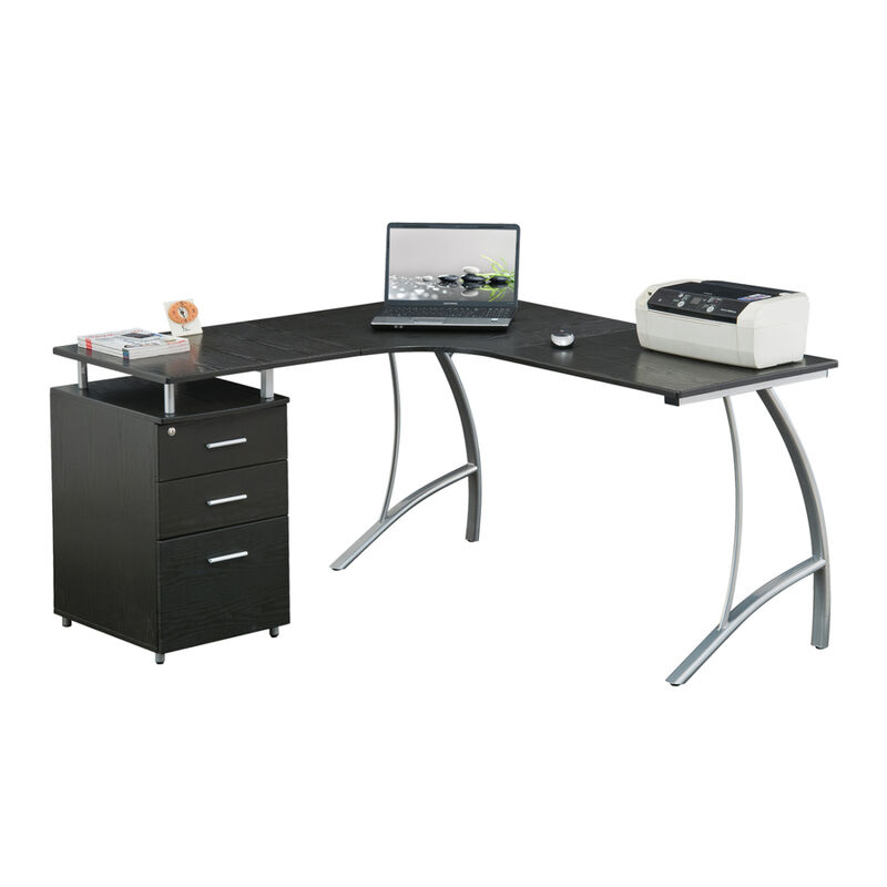Modern L- Shaped Computer Desk with File Cabinet and Storage, Espresso